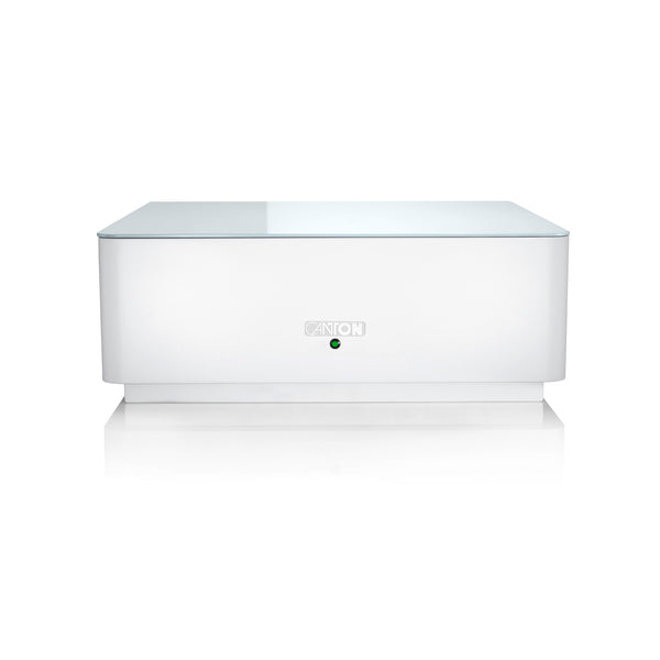 Canton Smart Sub 10 Wireless-Subwoofer Weiss Frontansicht, flaches Gehäuse mit Glasplatte