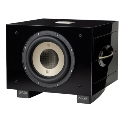 REL S-550 Subwoofer Schwarz Hochglanz Schrägansicht
