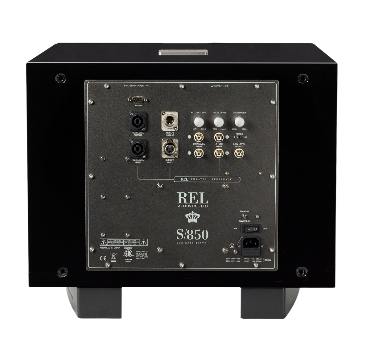 REL S-850 Subwoofer Schwarz Hochglanz Rückansicht