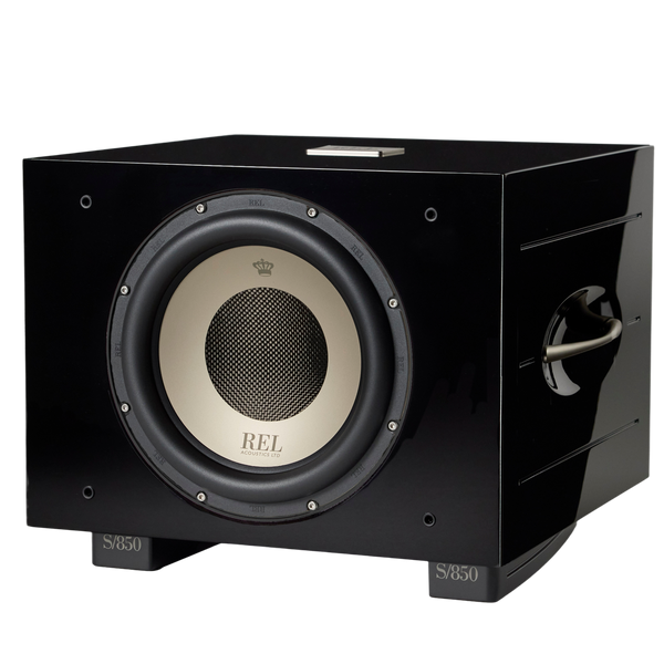 REL S-850 Subwoofer Schwarz Hochglanz Schrägansicht