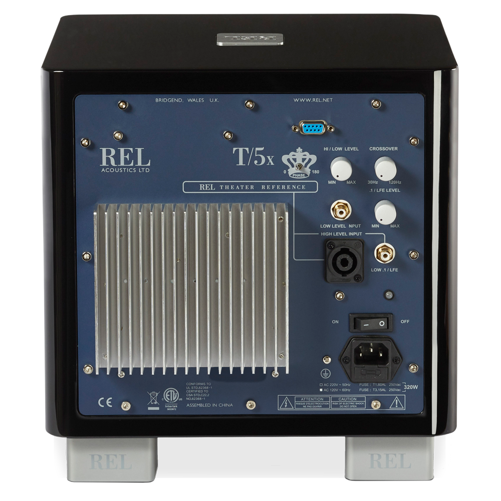 REL T-5x Subwoofer Schwarz Hochglanz Rückansicht