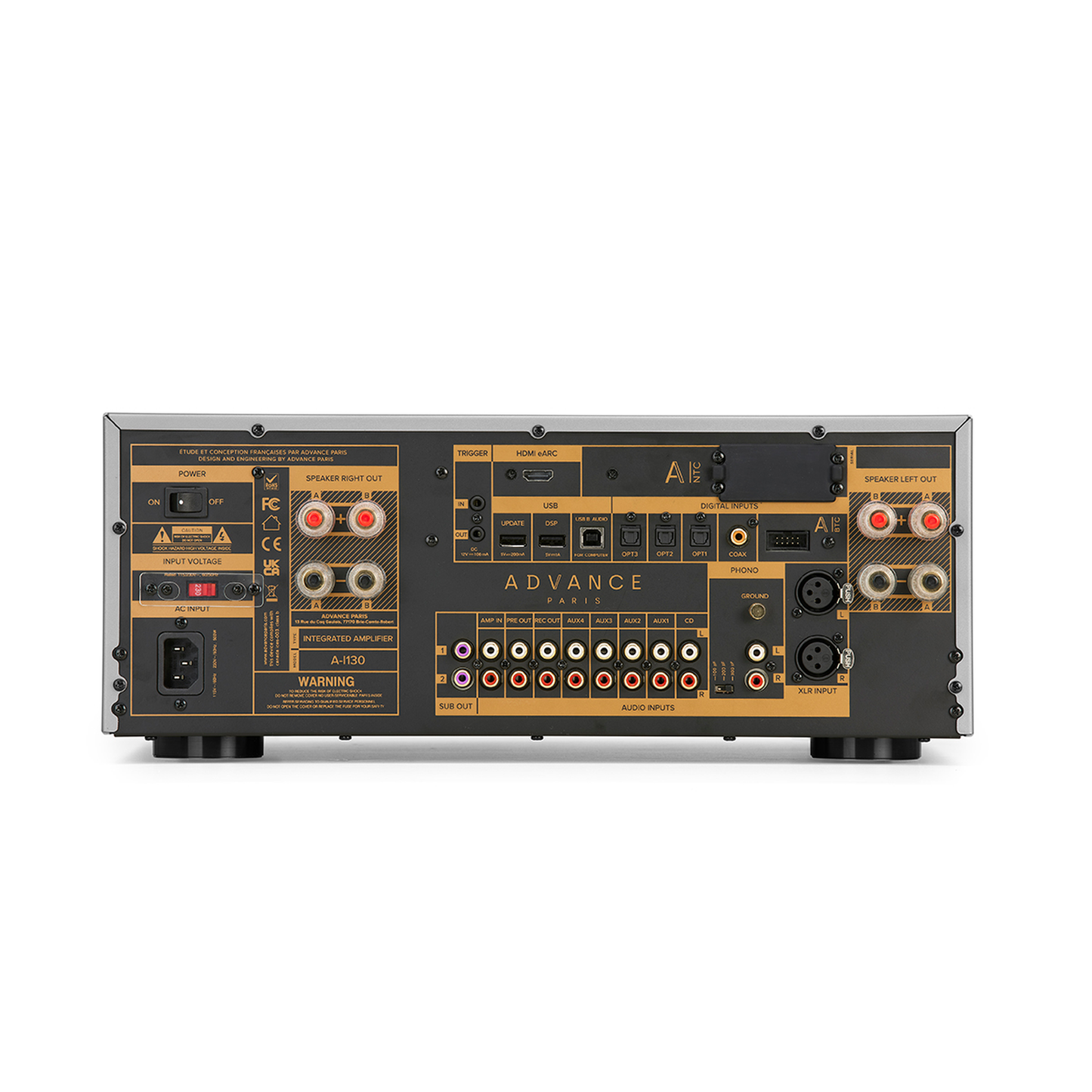 Advance Paris A-i130 Nova Hybrid-Vollverstärker Rückansicht, grau, mit HDMI eARC, XLR und Phono MM