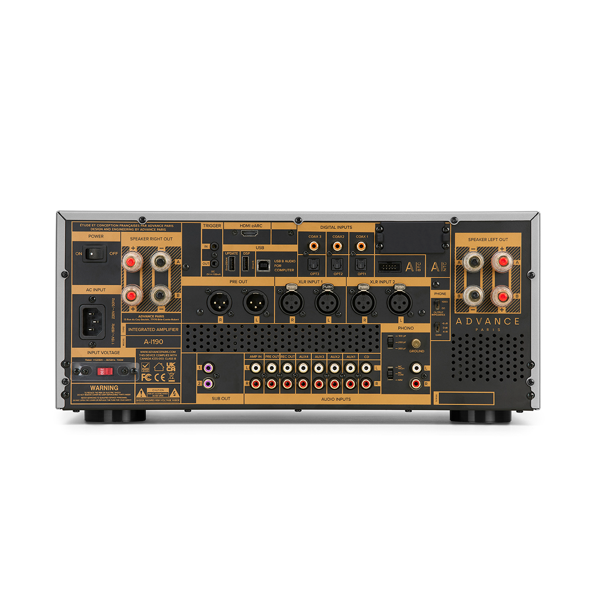 Advance Paris A-i190 Nova Hybrid-Vollverstärker Rückansicht, grau, mit HDMI eARC, XLR und Phono MM/MC