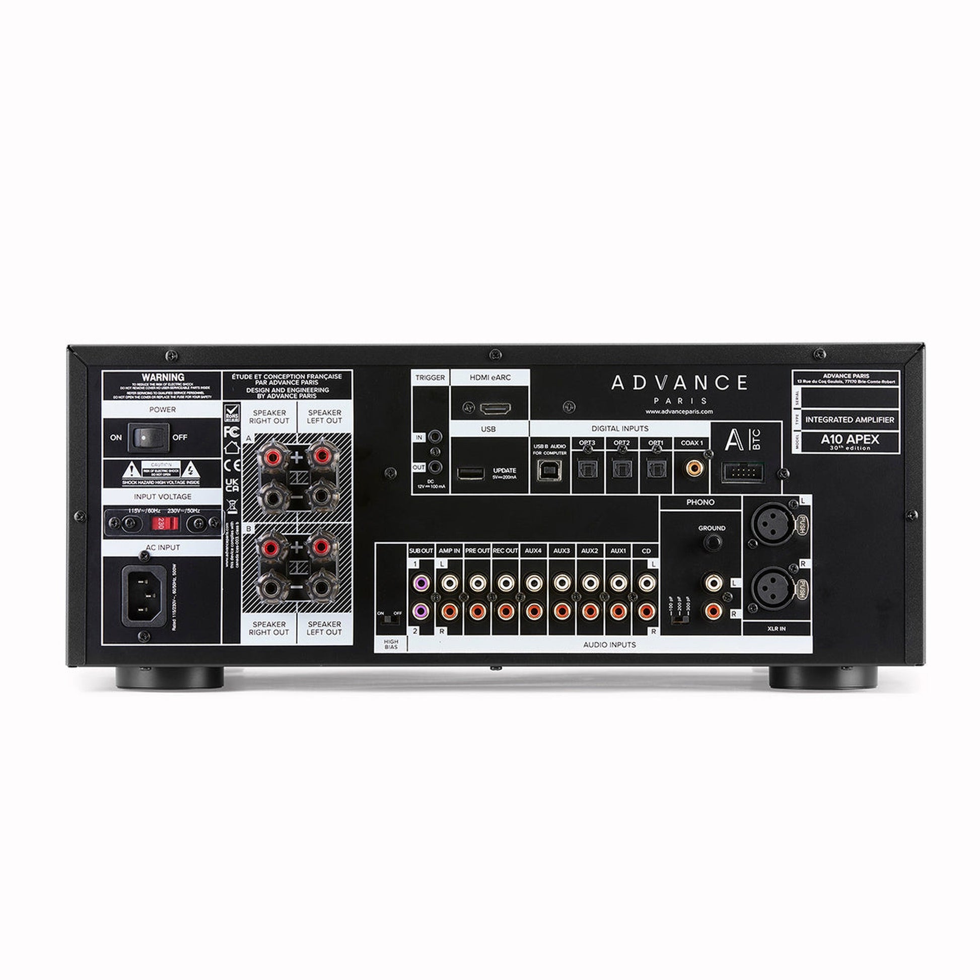 Advance Paris A10 APEX 30th Edition Verstärker Rückansicht mit HDMI eARC, XLR und Phono MM