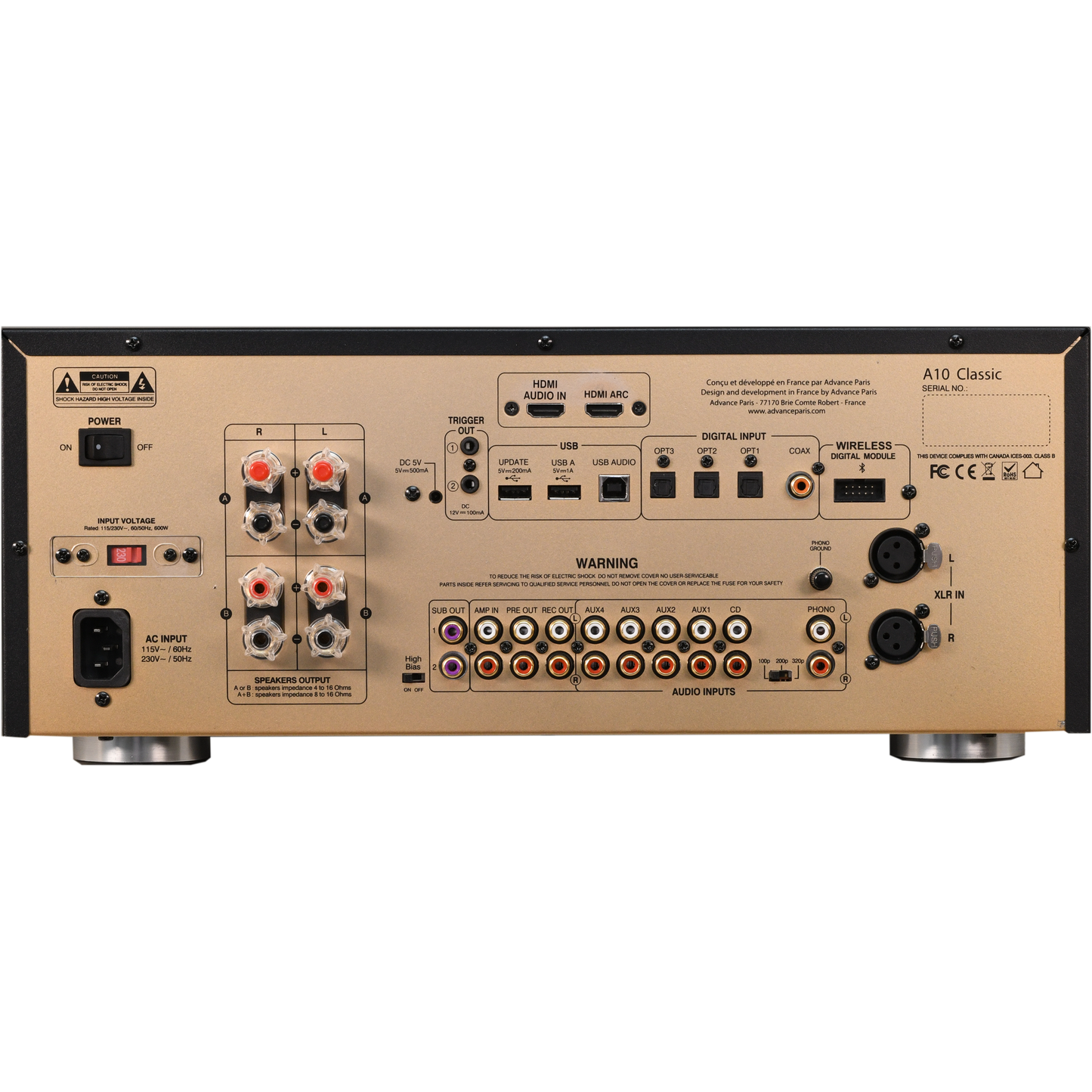 Advance Paris A10 ClassicLine Hybrid-Verstärker Rückansicht mit HDMI ARC, USB, Phono und XLR