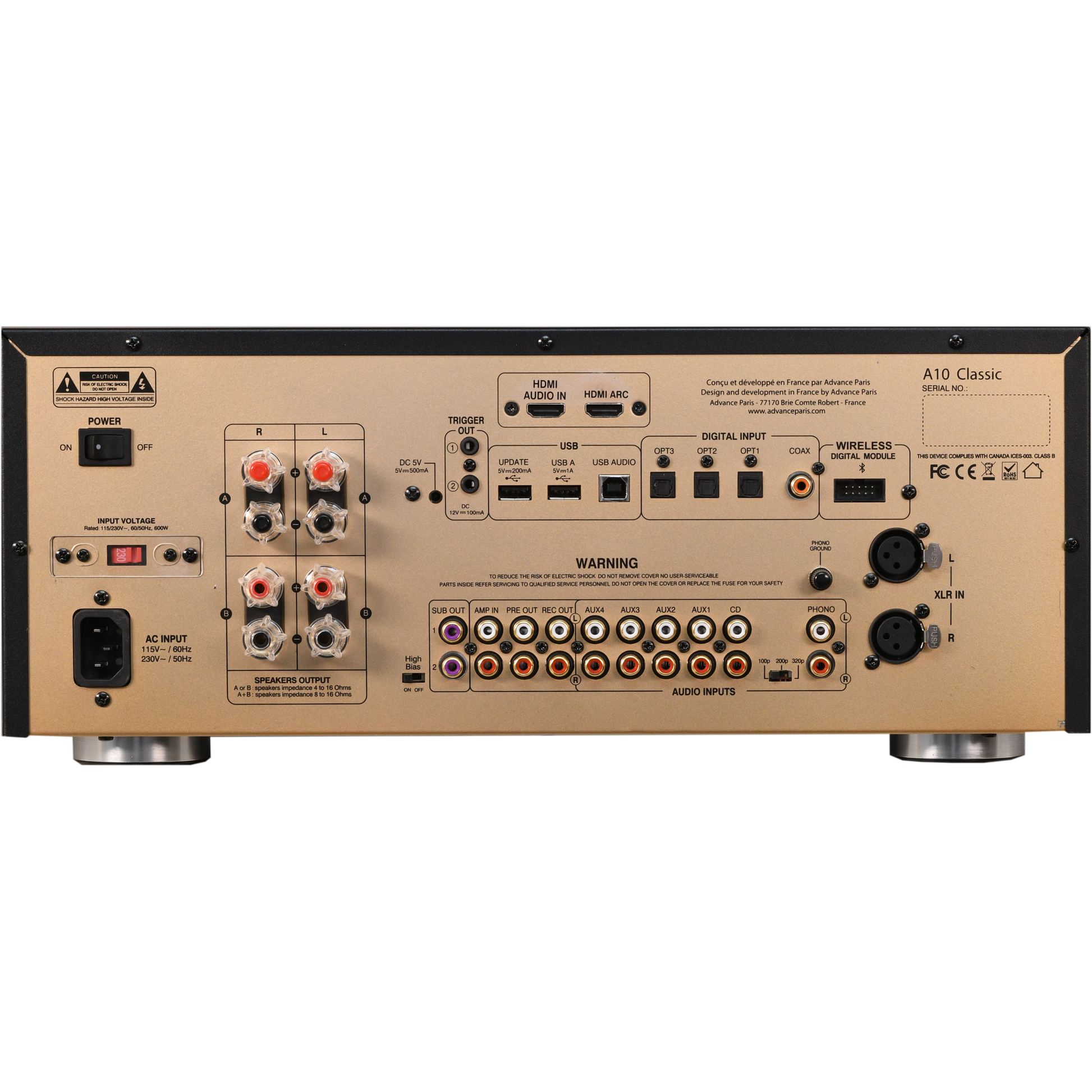 Advance Paris A10 ClassicLine Hybrid-Verstärker Rückansicht mit HDMI ARC, USB, Phono und XLR