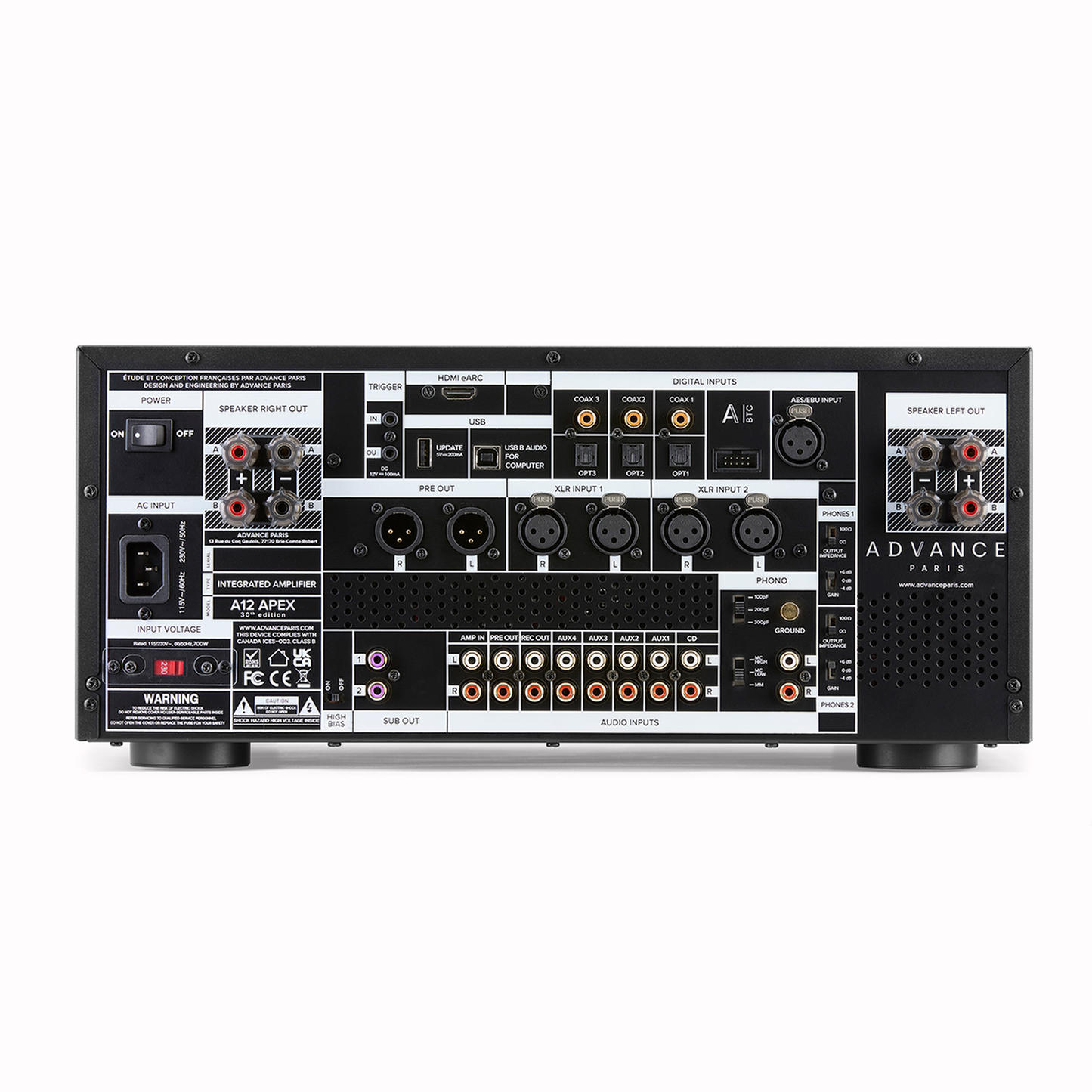 Advance Paris A12 APEX 30th Edition Vollverstärker Rückansicht mit HDMI eARC, XLR und Cinch