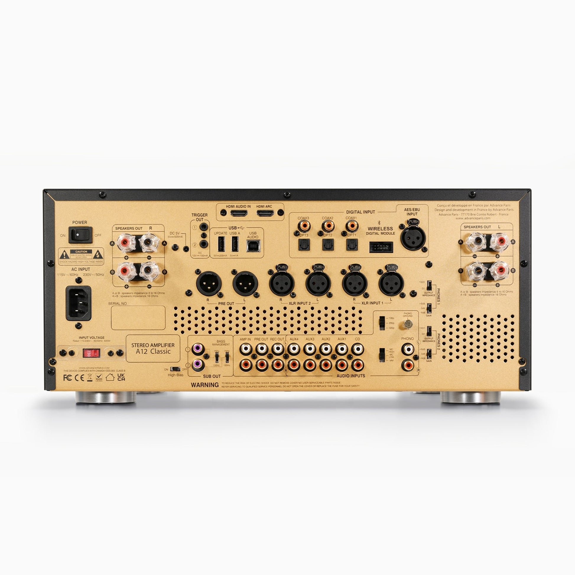 Advance Paris A12 ClassicLine Hybrid-Vollverstärker Rückansicht mit HDMI, XLR, Phono und AES