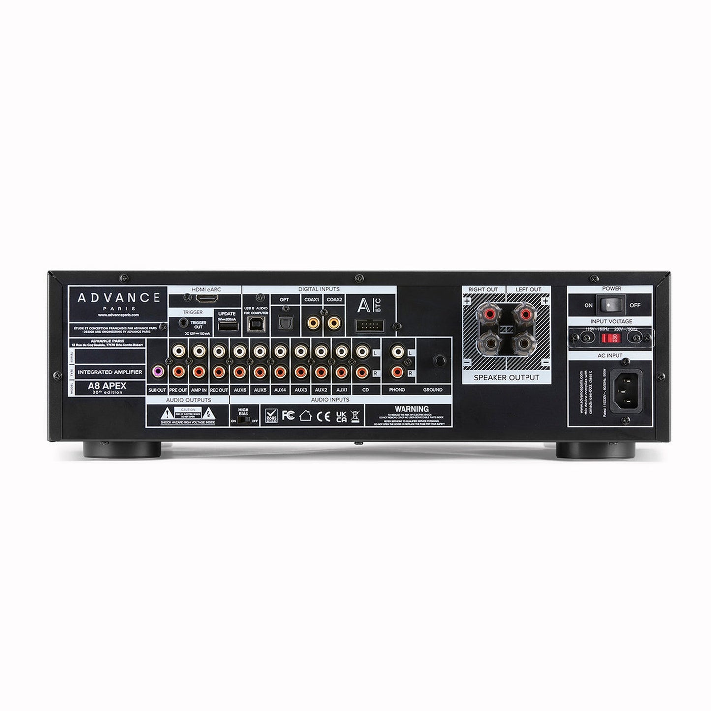 Advance Paris A8 APEX 30th Edition Vollverstärker Rückansicht mit HDMI eARC, Phono und USB