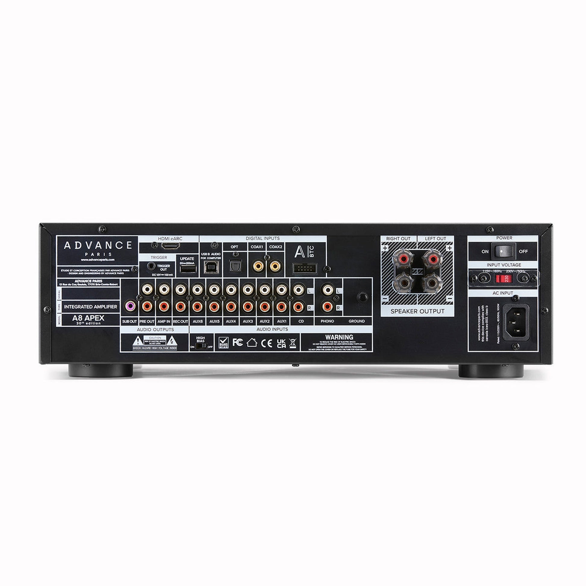 Advance Paris A8 APEX 30th Edition Vollverstärker Rückansicht mit HDMI eARC, Phono und USB