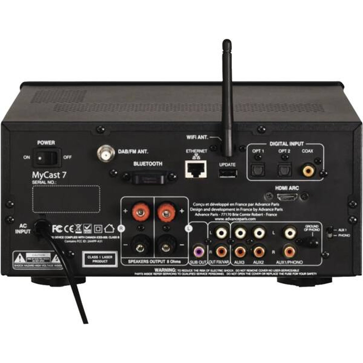 Advance Paris MyCast 7 Streaming-Anlage Rückansicht mit HDMI ARC, Phono und DAB-Antenne