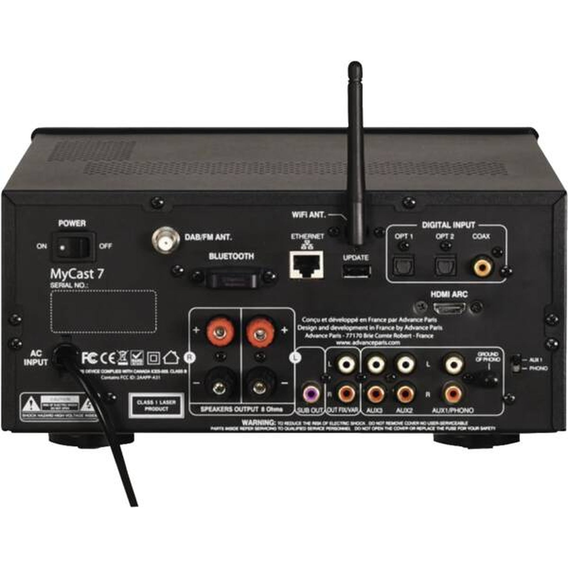 Advance Paris MyCast 7 Streaming-Anlage Rückansicht mit HDMI ARC, Phono und DAB-Antenne
