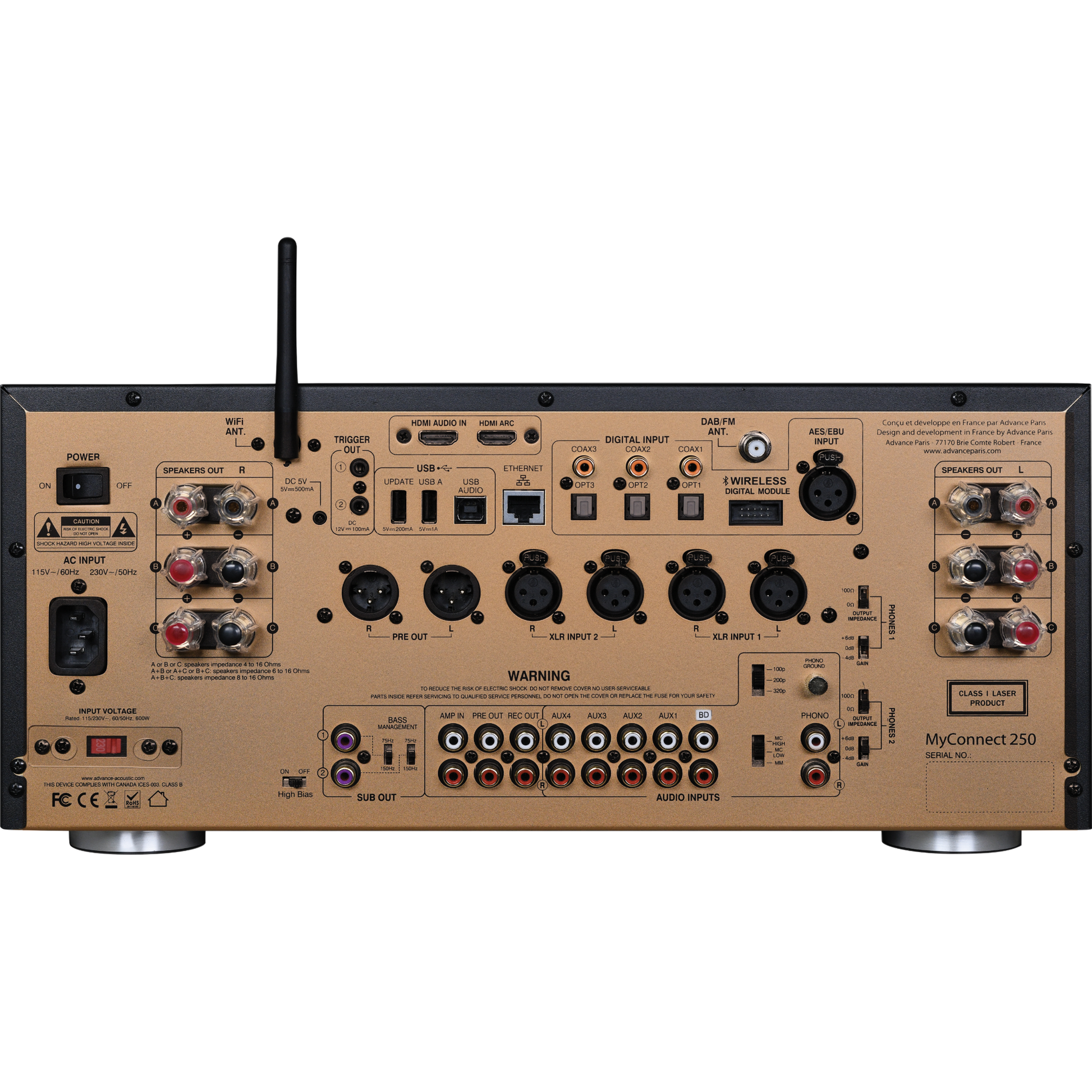 Advance Paris MyConnect 250 Streaming-Verstärker Rückansicht mit HDMI, XLR, AES und Phono