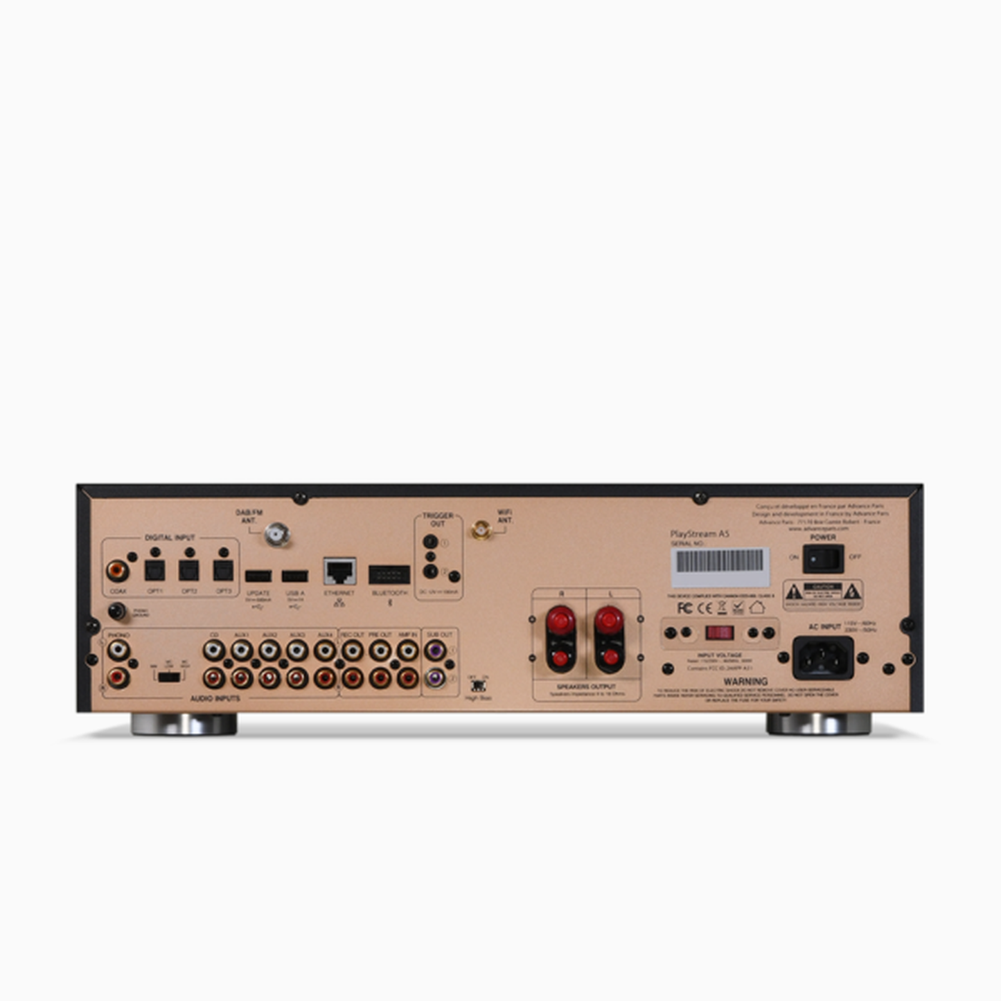 Advance Paris PlayStream A5 Streaming-Verstärker Rückansicht mit Phono, XLR und Digitaleingängen