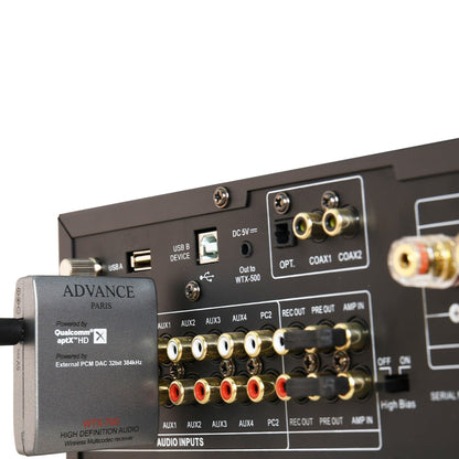 Advance Paris WTX-700 EVO Bluetooth-Empfänger Detailansicht am Anschlussfeld eines Verstärkers
