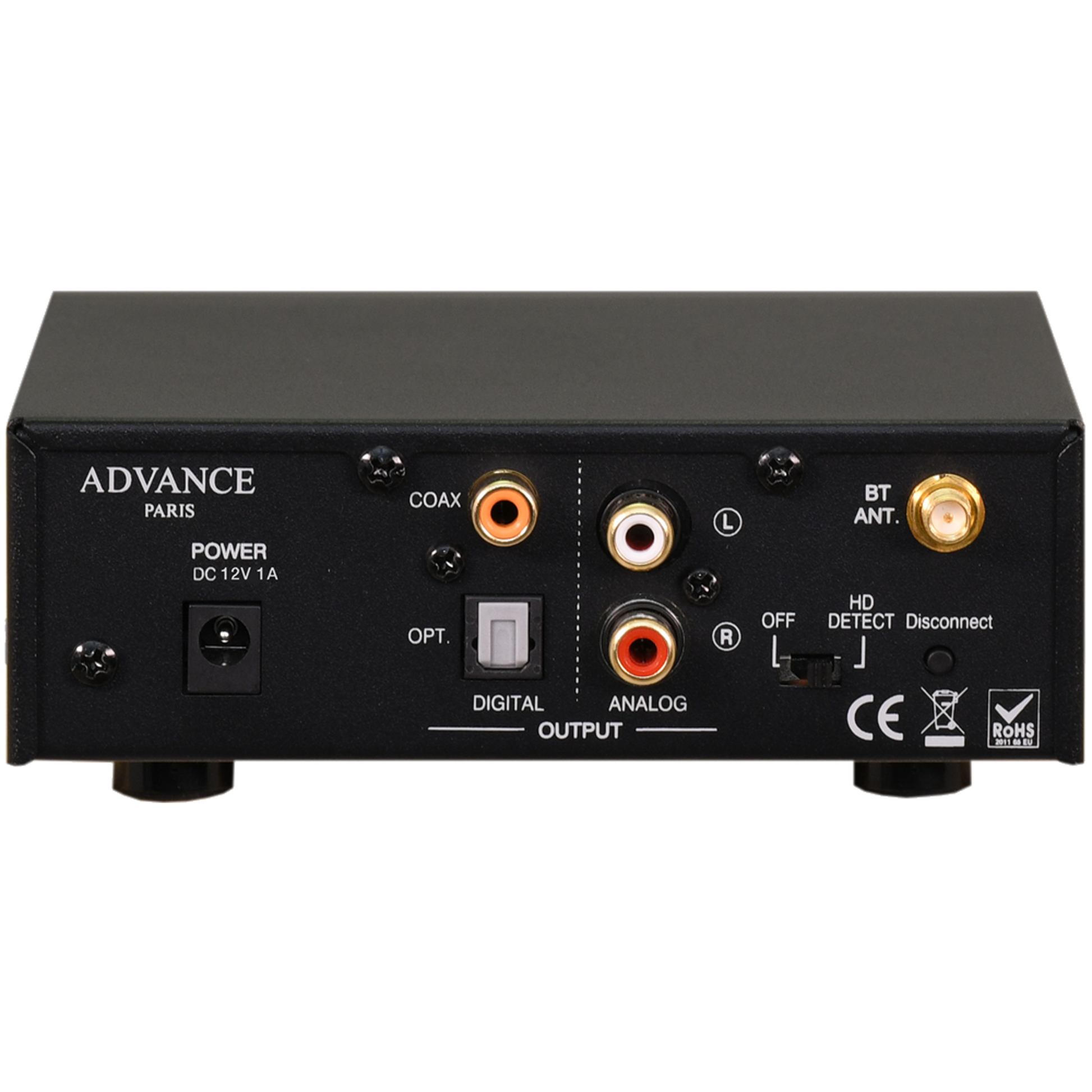 Advance Paris WTX-Tubes Bluetooth-Empfänger Rückansicht mit Coax, optisch und Cinch