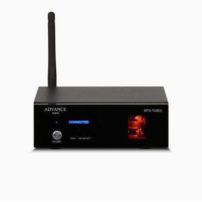 Advance Paris WTX-Tubes Bluetooth-Empfänger Frontansicht mit Röhrenfenster und Antenne