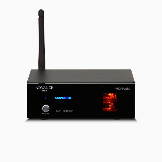 Advance Paris WTX-Tubes Bluetooth-Empfänger Frontansicht mit Röhrenfenster und Antenne