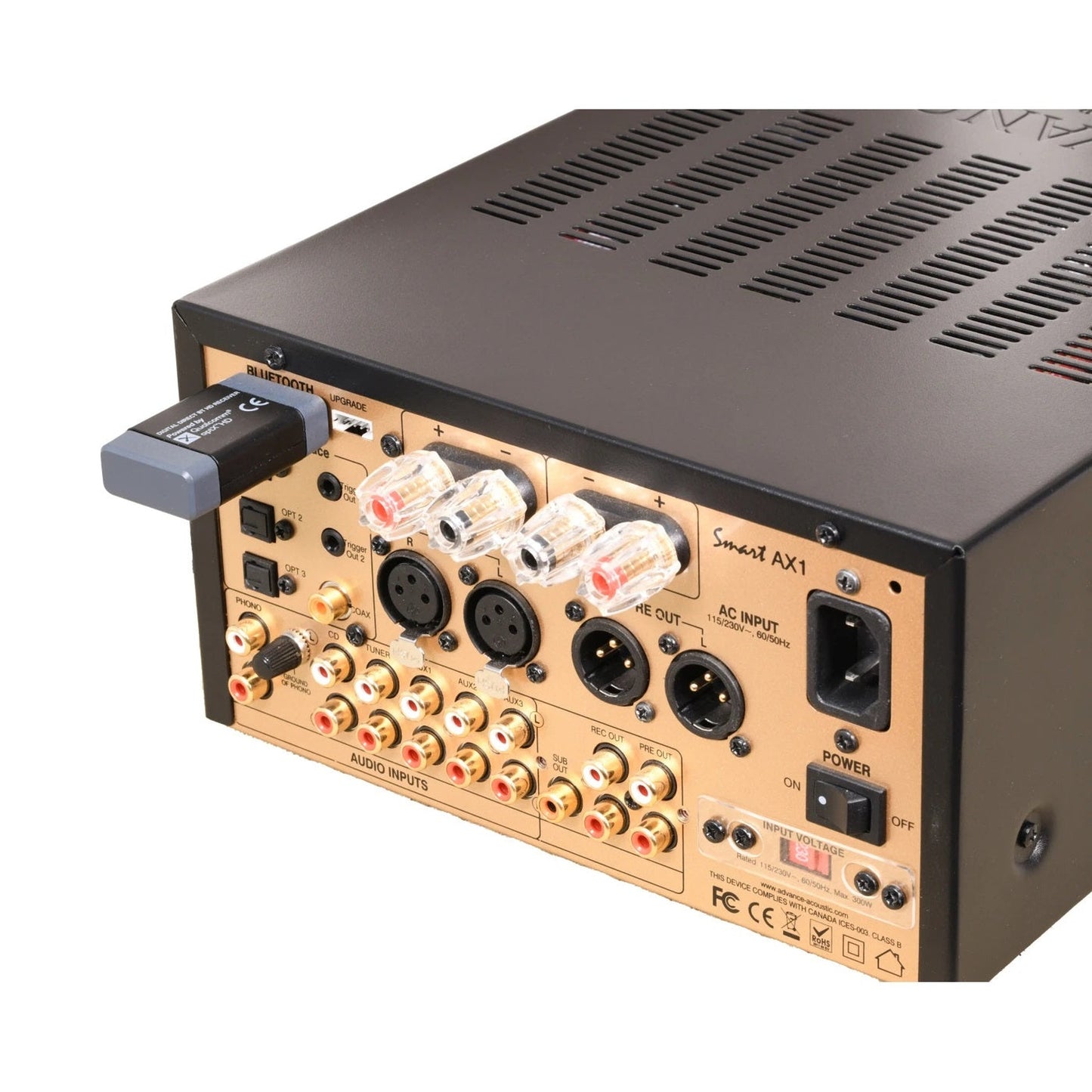 Advance Paris X-FTB02 Bluetooth-Empfänger Detailansicht eingesteckt am Anschlussfeld eines Verstärkers