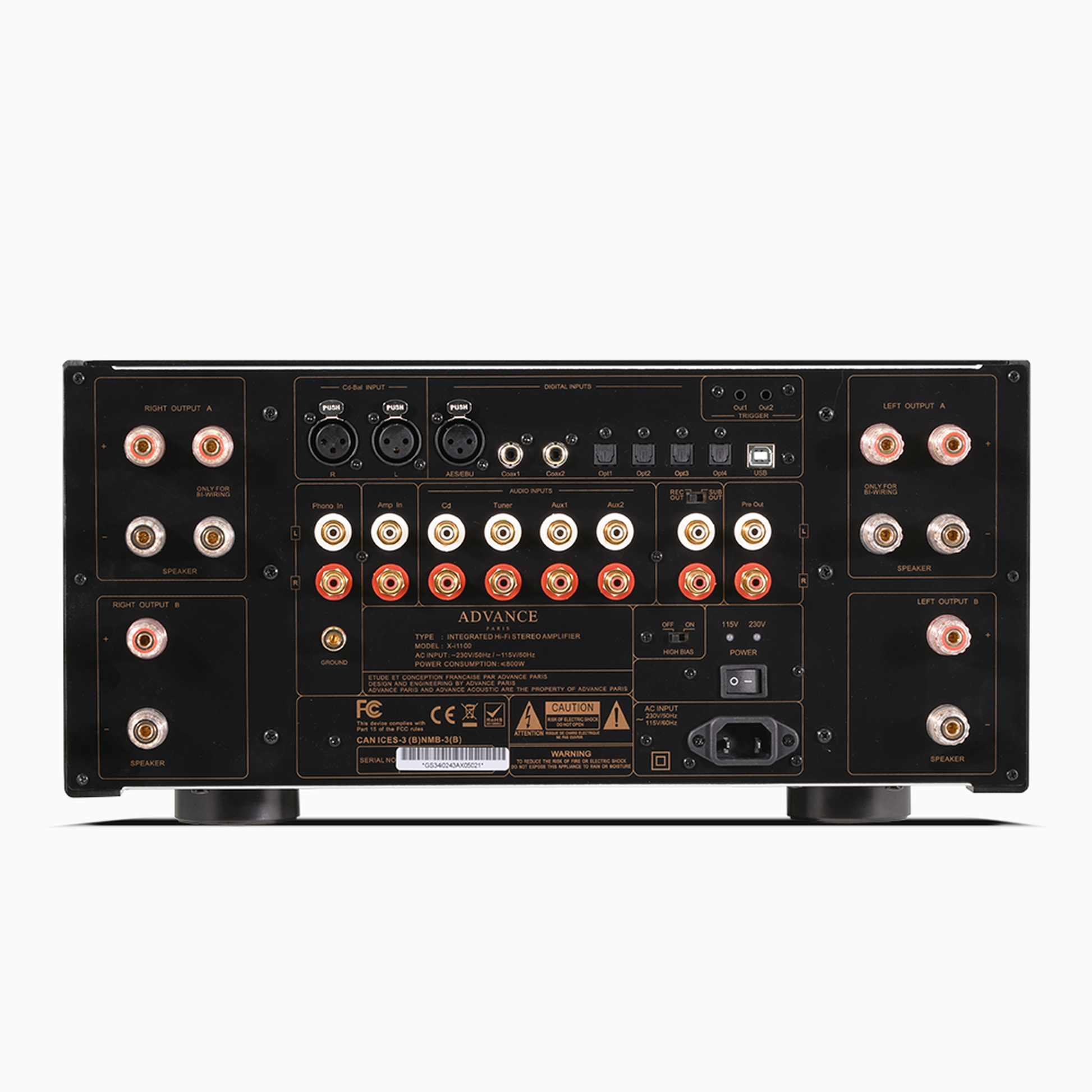 Advance Paris X-i1100 Vollverstärker ClassicLine Rückansicht mit AES, USB, XLR und Phono