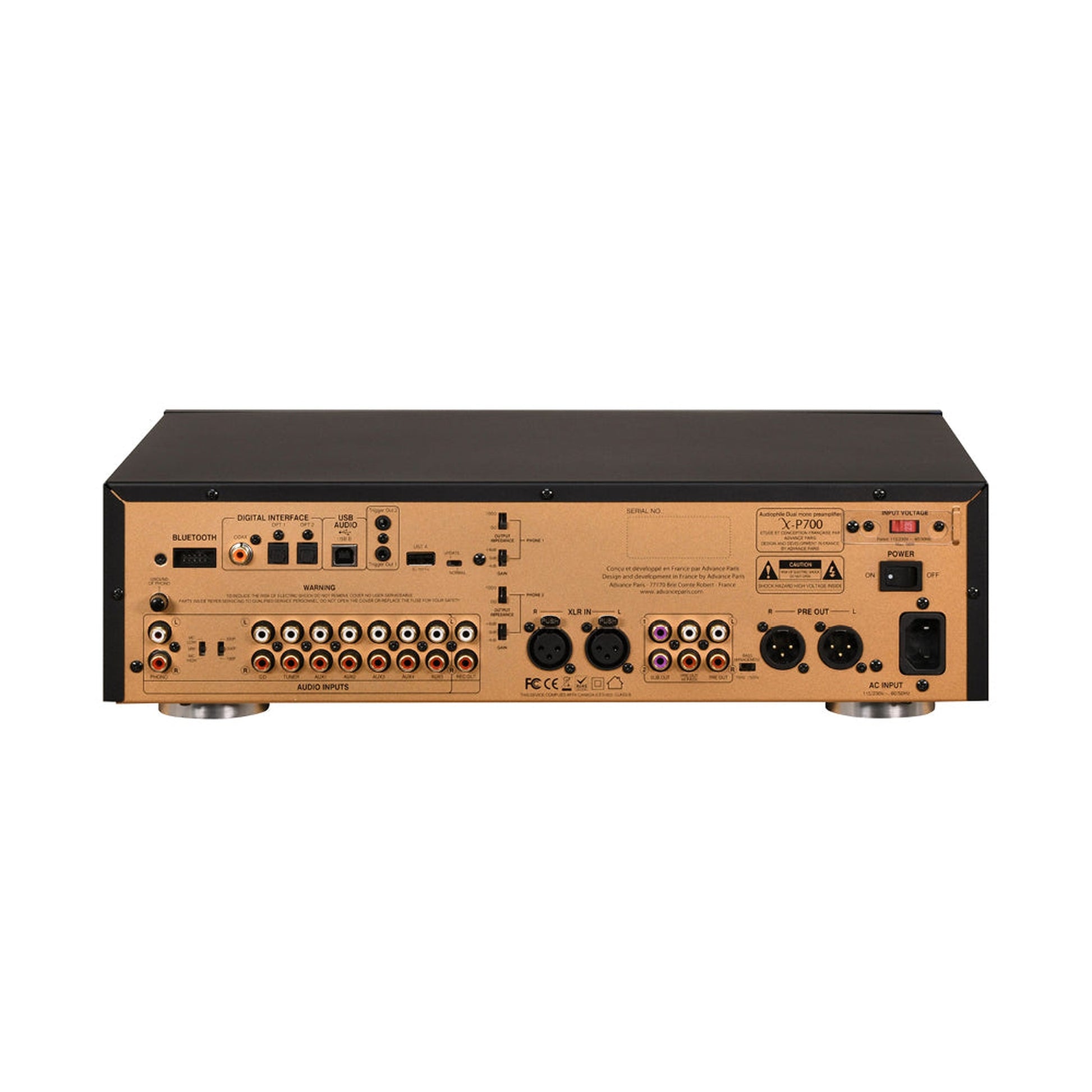 Advance Paris X-P700 Dual-Mono-Vorverstärker Rückansicht mit Phono MM/MC, XLR und Cinch