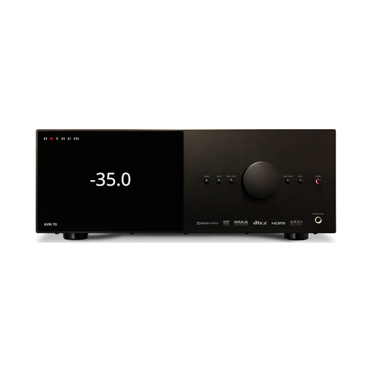 Anthem AVM 70 8K A/V-Vorverstärker Frontansicht mit Display, Lautstärkeregler und Bedientasten