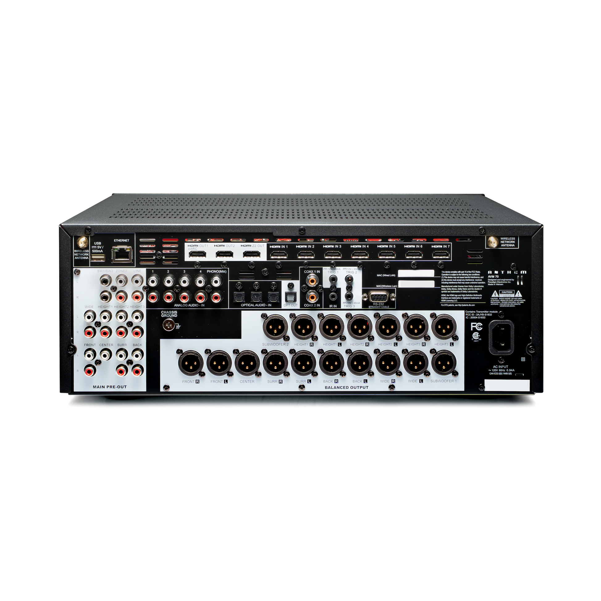 Anthem AVM 70 8K A/V-Vorverstärker Rückansicht mit HDMI 2.1, XLR-Ausgängen und 15.2-Kanal-Pre-Outs