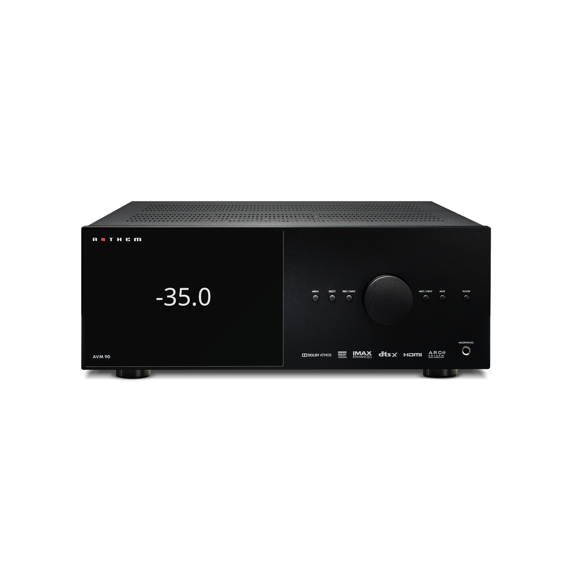Anthem AVM 90 8K A/V-Vorverstärker Frontansicht mit Display, Lautstärkeregler und Format-Logos