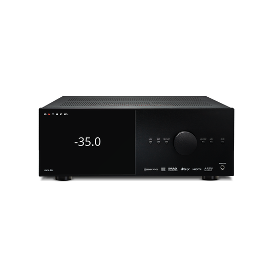 Anthem AVM 90 8K A/V-Vorverstärker Frontansicht mit Display, Lautstärkeregler und Format-Logos