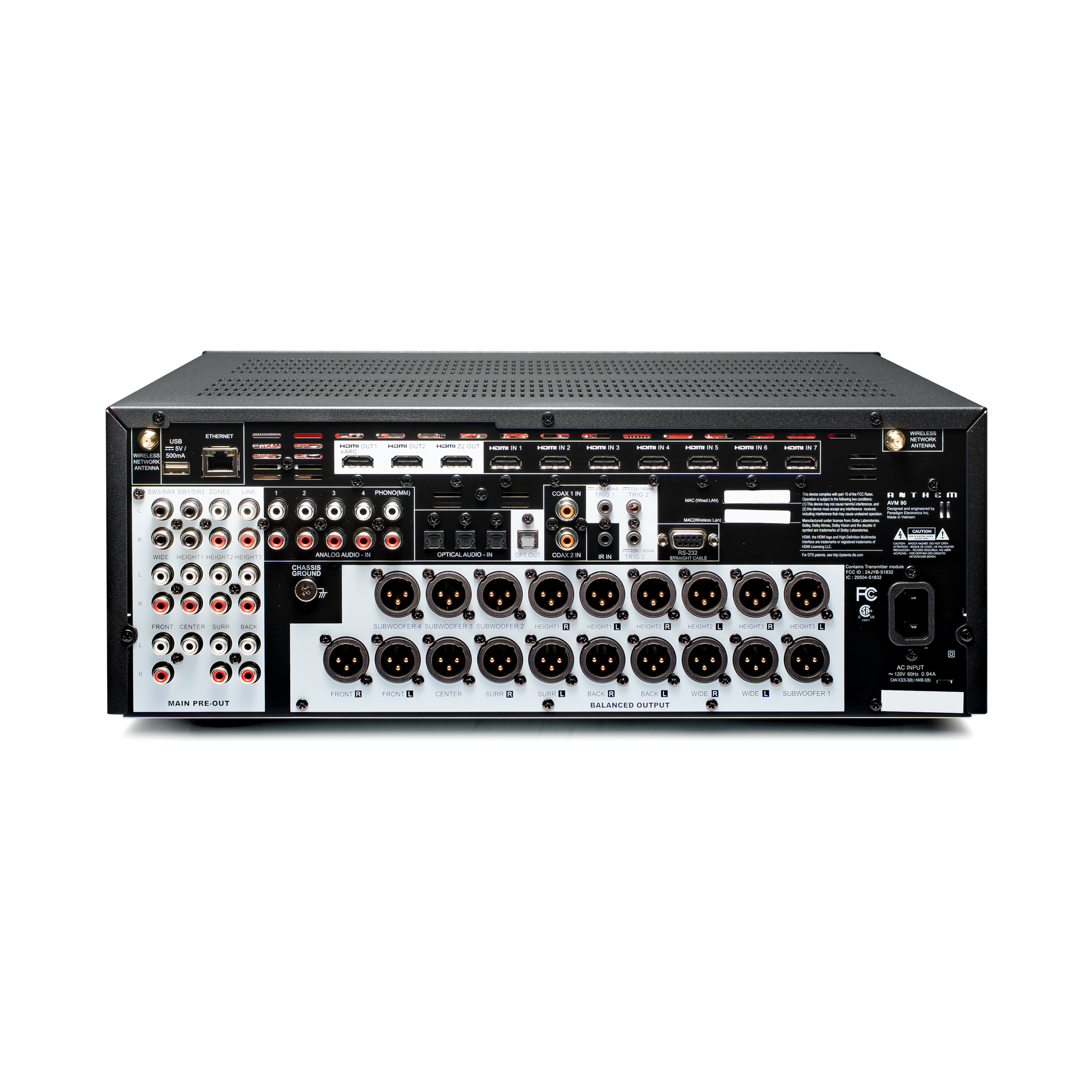 Anthem AVM 90 8K A/V-Vorverstärker Rückansicht mit HDMI 2.1, XLR-Ausgängen und 15.4-Kanal-Pre-Outs