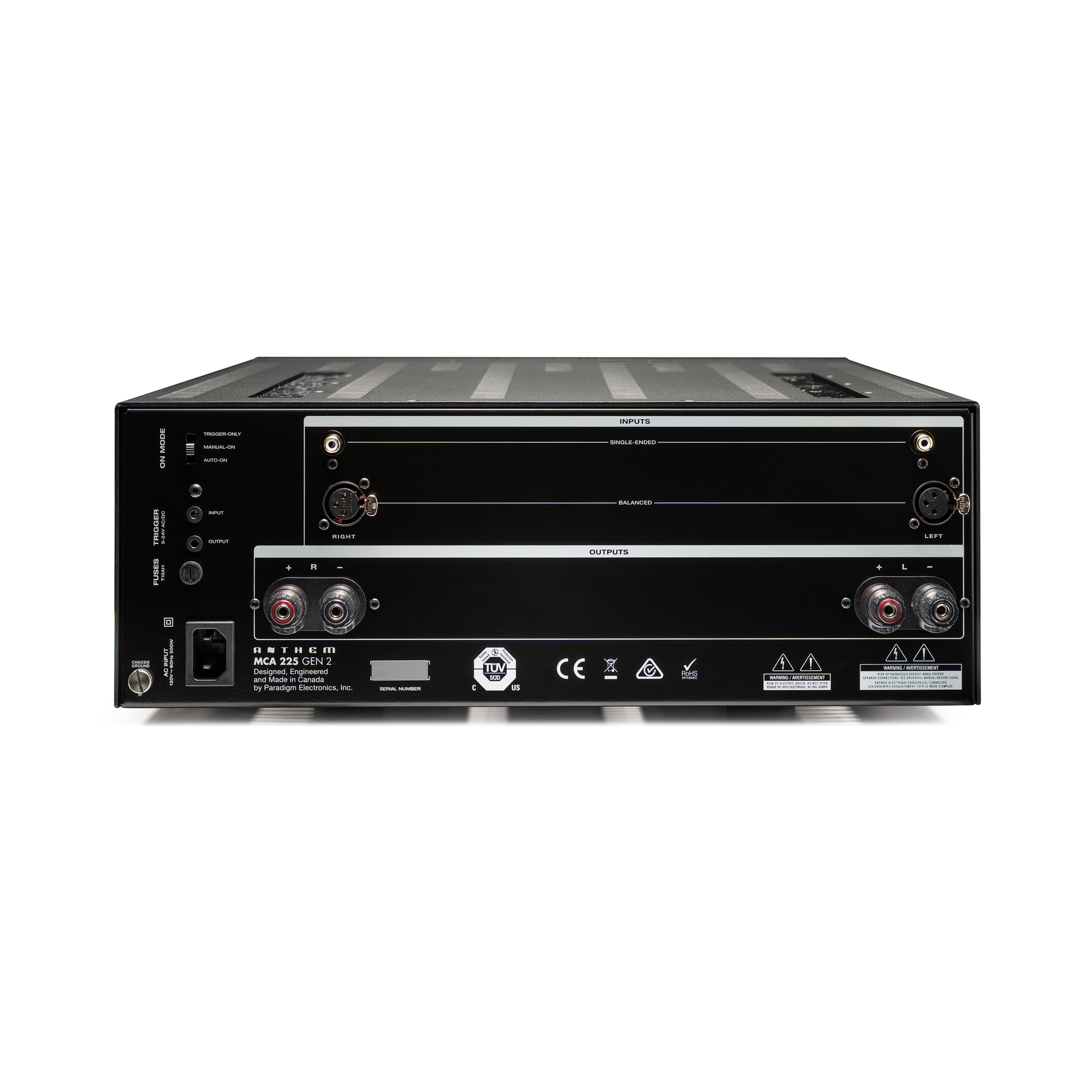 Anthem MCA 225 GEN 2 2-Kanal-Endstufe Rückansicht mit XLR- und Cinch-Eingängen und Lautsprecherklemmen