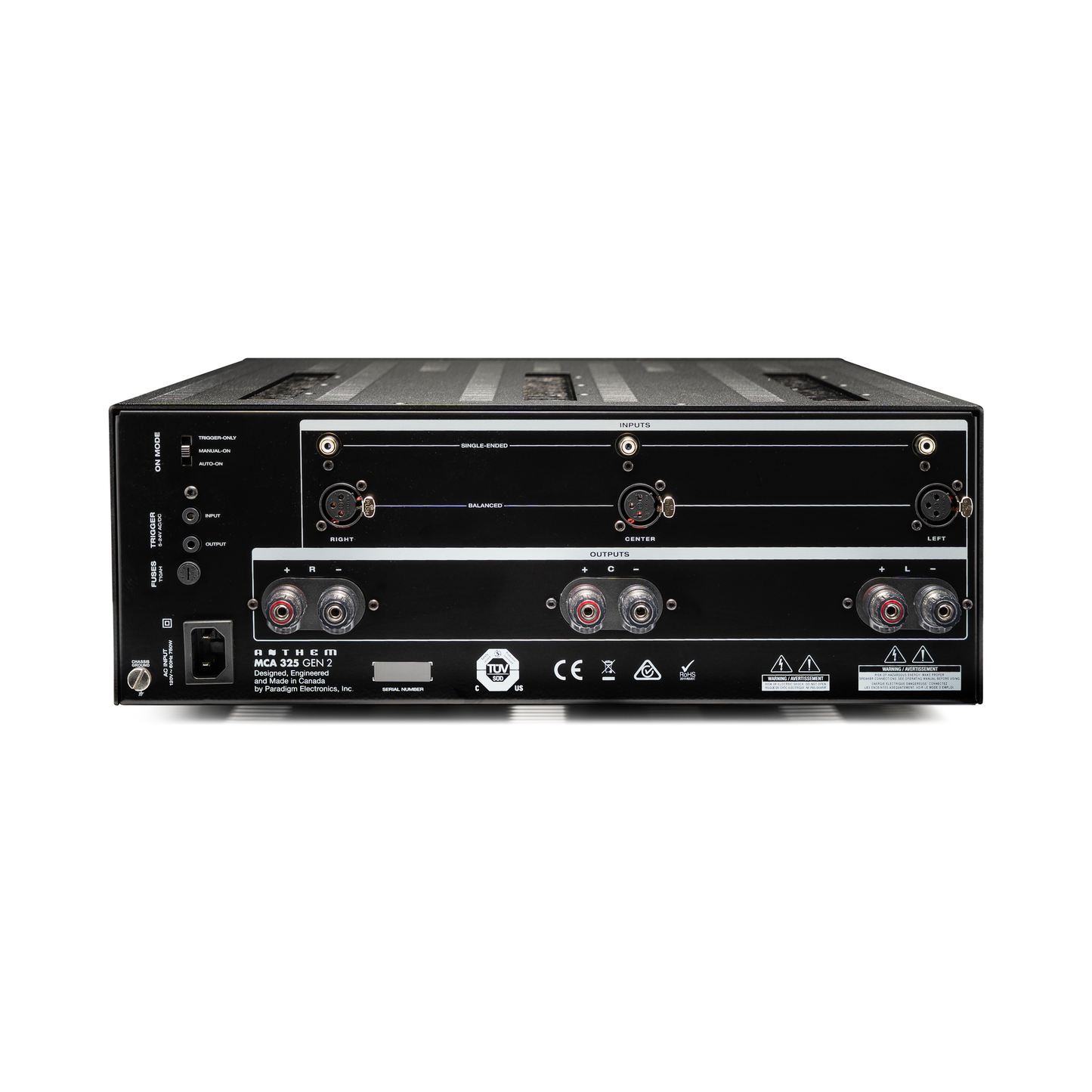 Anthem MCA 325 GEN 2 3-Kanal-Endstufe Rückansicht mit XLR- und Cinch-Eingängen und Lautsprecherklemmen
