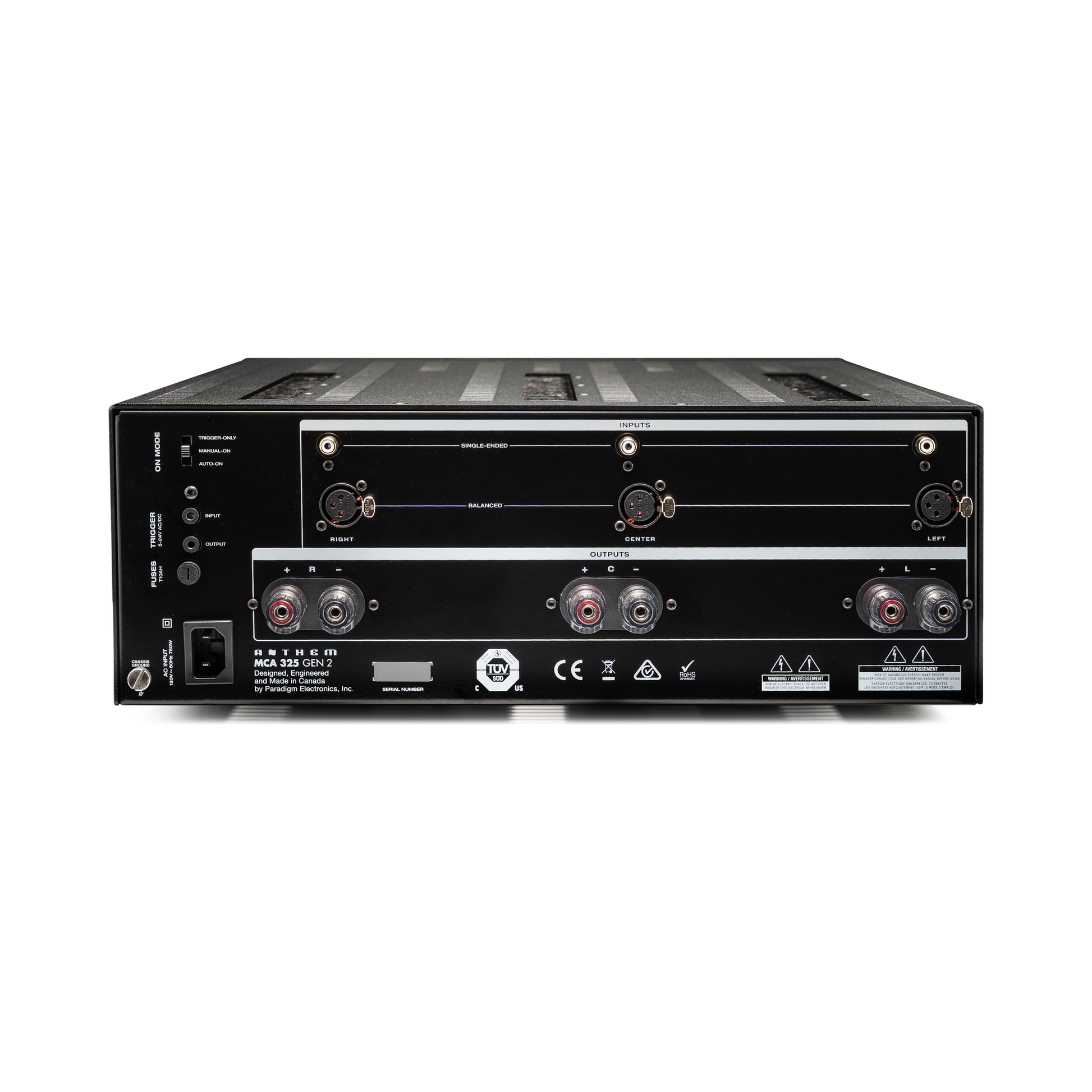 Anthem MCA 325 GEN 2 3-Kanal-Endstufe Rückansicht mit XLR- und Cinch-Eingängen und Lautsprecherklemmen