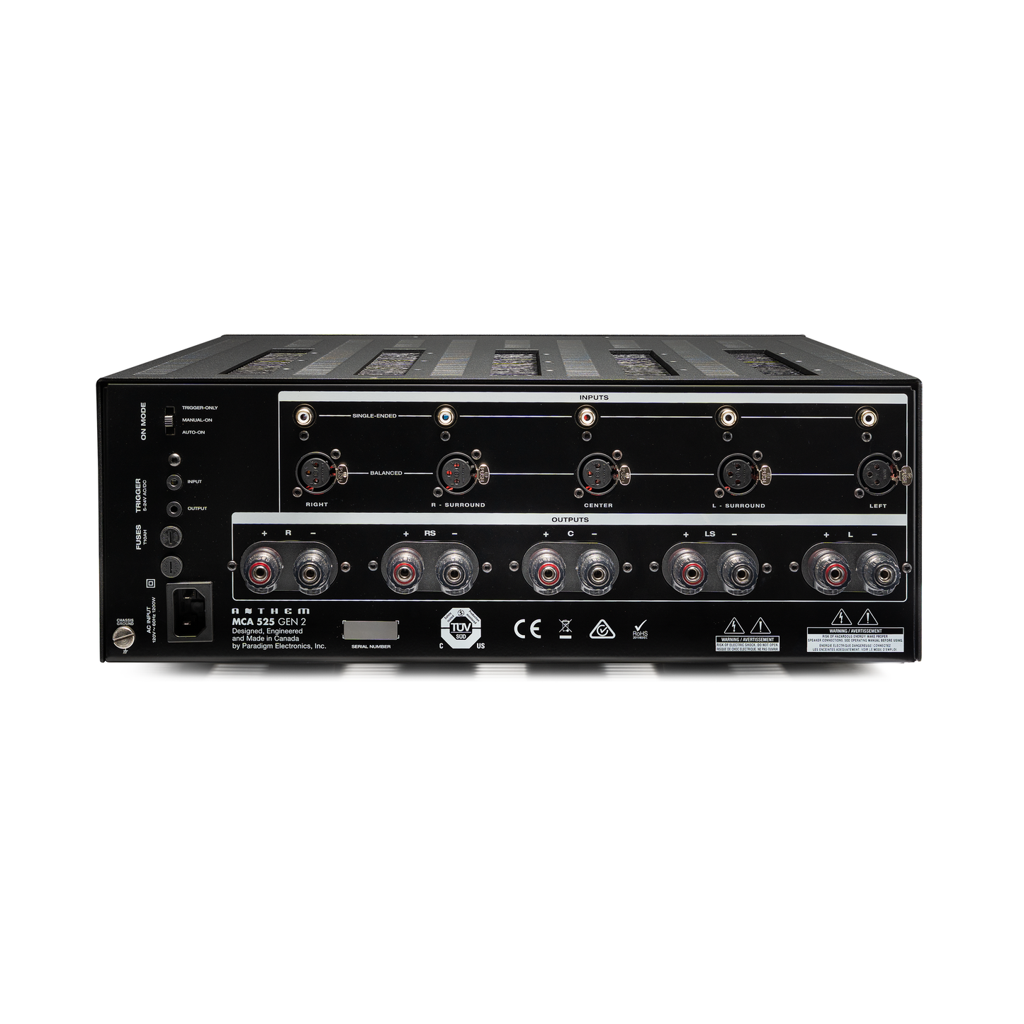 Anthem MCA 525 GEN 2 5-Kanal-Endstufe Rückansicht mit XLR- und Cinch-Eingängen und Lautsprecherklemmen