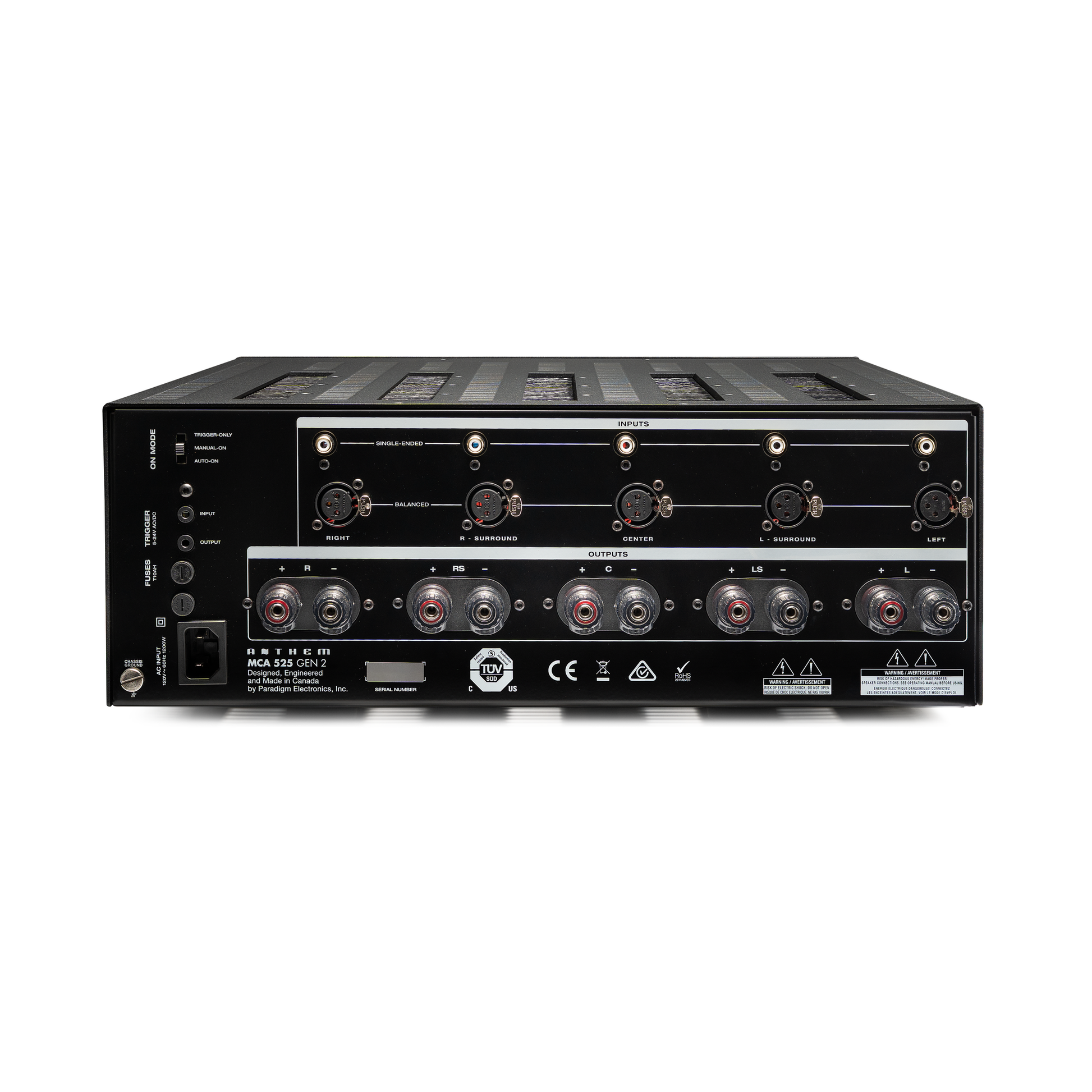 Anthem MCA 525 GEN 2 5-Kanal-Endstufe Rückansicht mit XLR- und Cinch-Eingängen und Lautsprecherklemmen