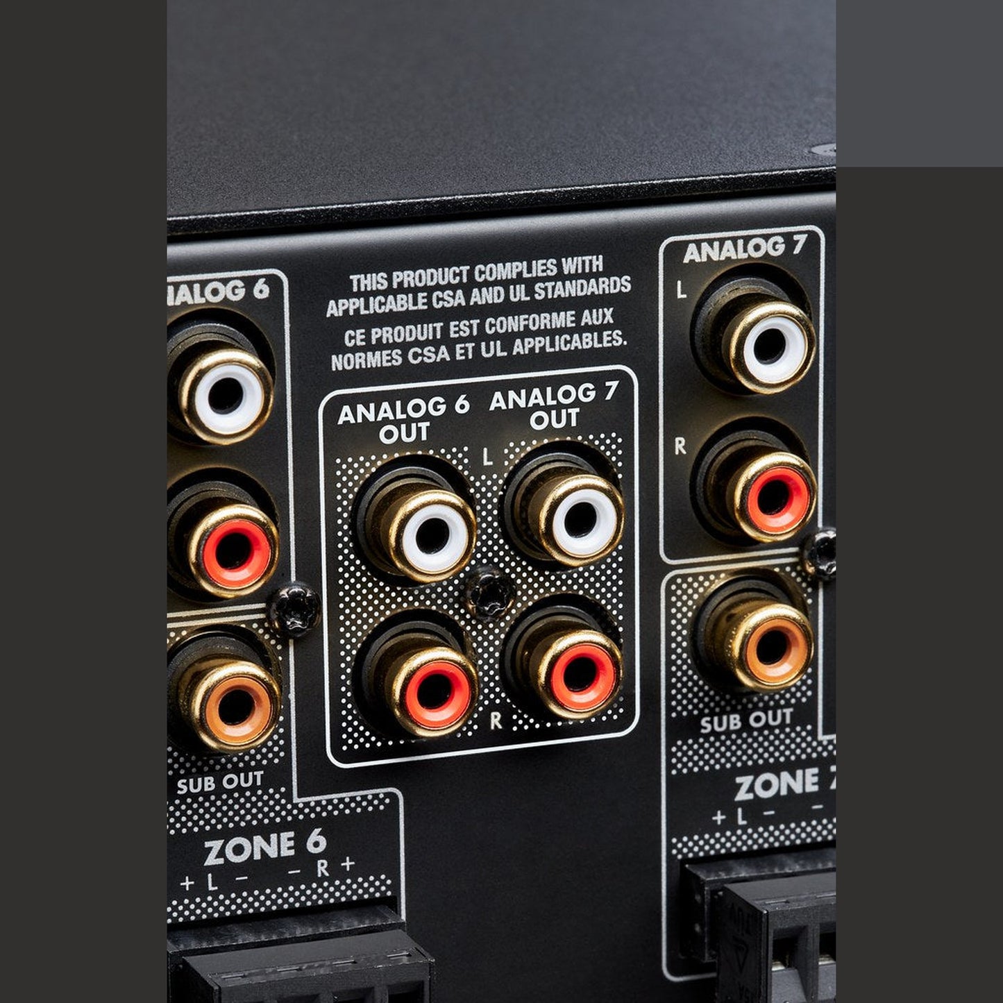 Anthem MDX-16 Multiroom-Endstufe Anschlussfeld 2 mit Cinch-Eingängen Analog 6 und 7 sowie Zone-6-Klemmen