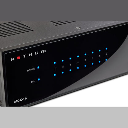 Anthem MDX-16 Multiroom-Endstufe Displayansicht mit Power-, LAN- und Zonen-LEDs 1 bis 8