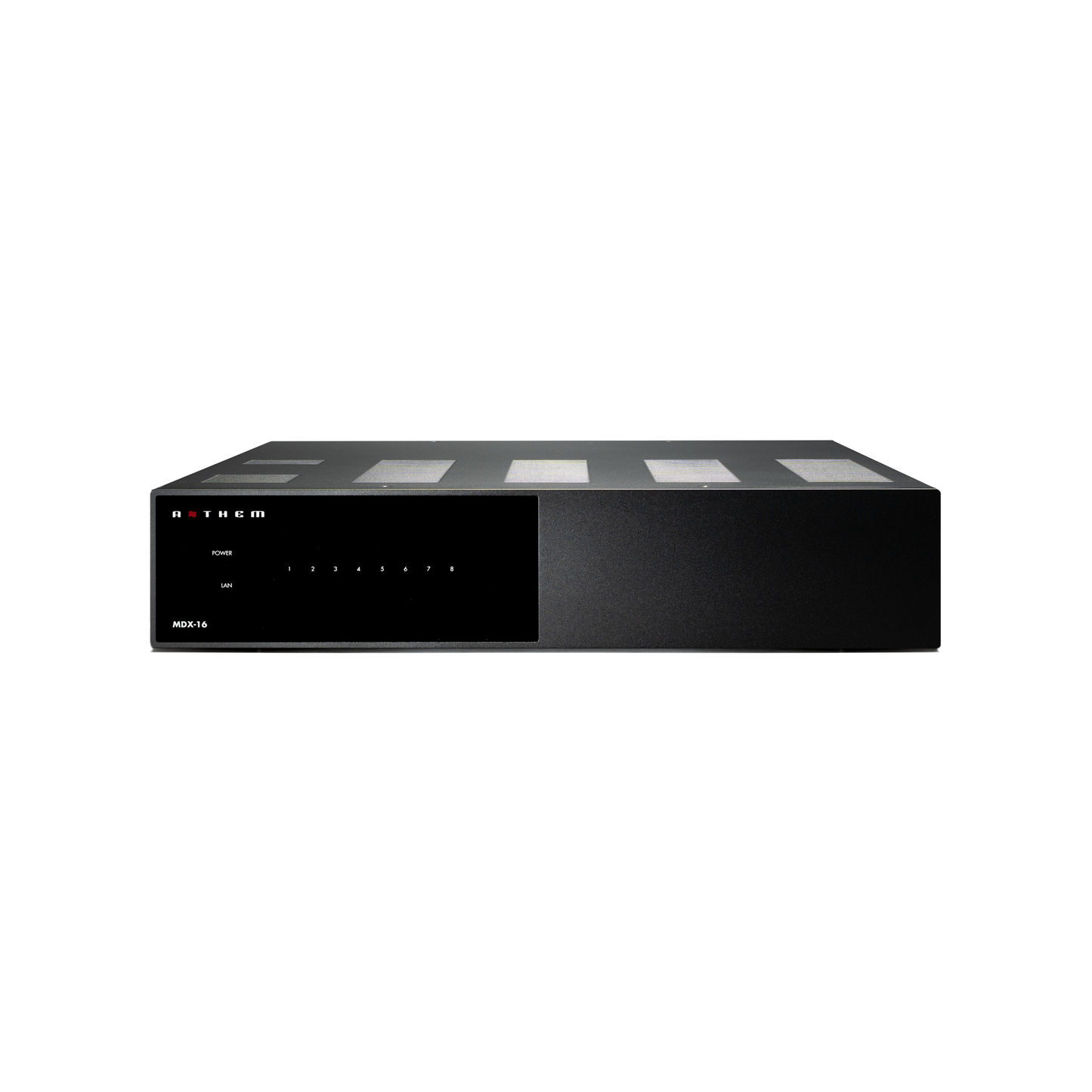 Anthem MDX-16 Multiroom-Endstufe Frontansicht mit Power-, LAN- und acht Zonen-LEDs