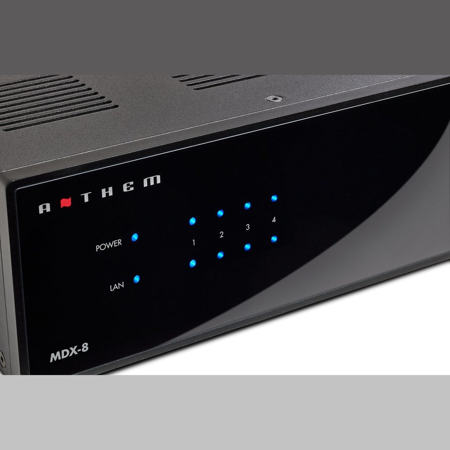 Anthem MDX-8 Multiroom-Endstufe Displayansicht mit Power-, LAN- und Zonen-LEDs 1 bis 4
