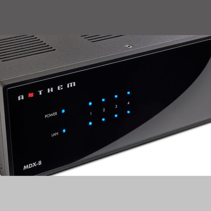 Anthem MDX-8 Multiroom-Endstufe Displayansicht mit Power-, LAN- und Zonen-LEDs 1 bis 4