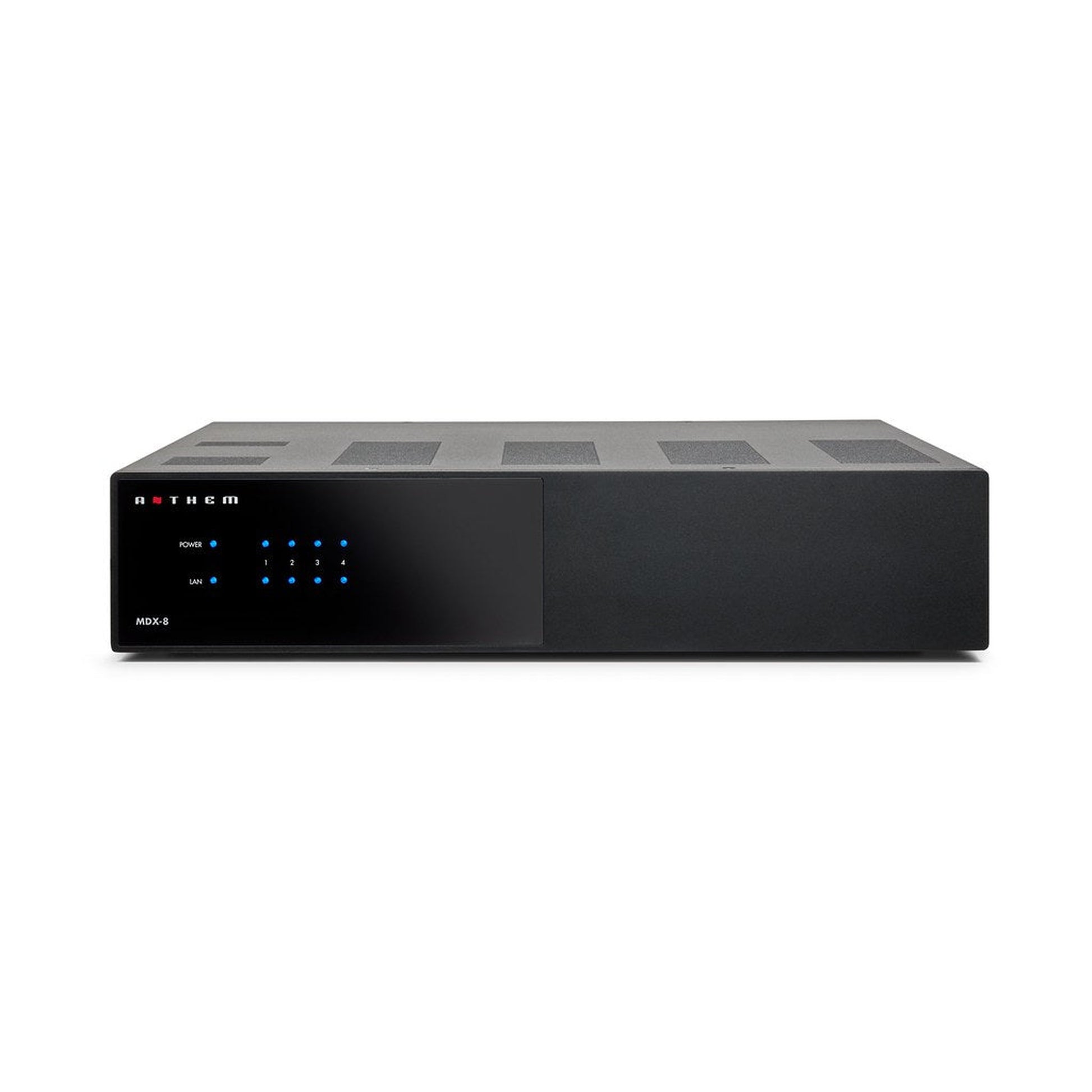 Anthem MDX-8 Multiroom-Endstufe Frontansicht mit Power-, LAN- und vier Zonen-LEDs