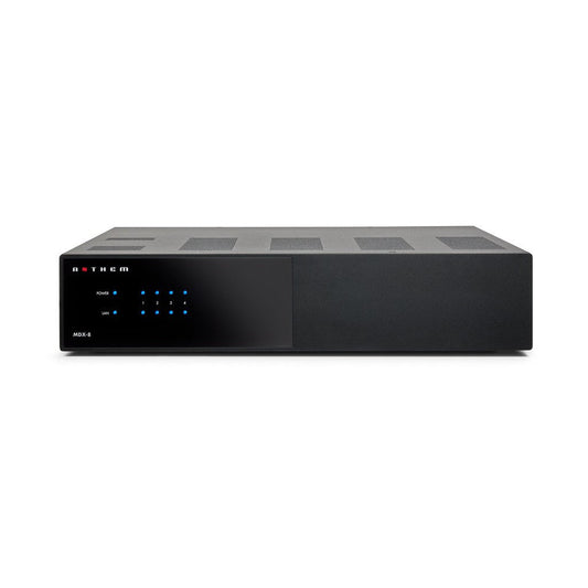 Anthem MDX-8 Multiroom-Endstufe Frontansicht mit Power-, LAN- und vier Zonen-LEDs