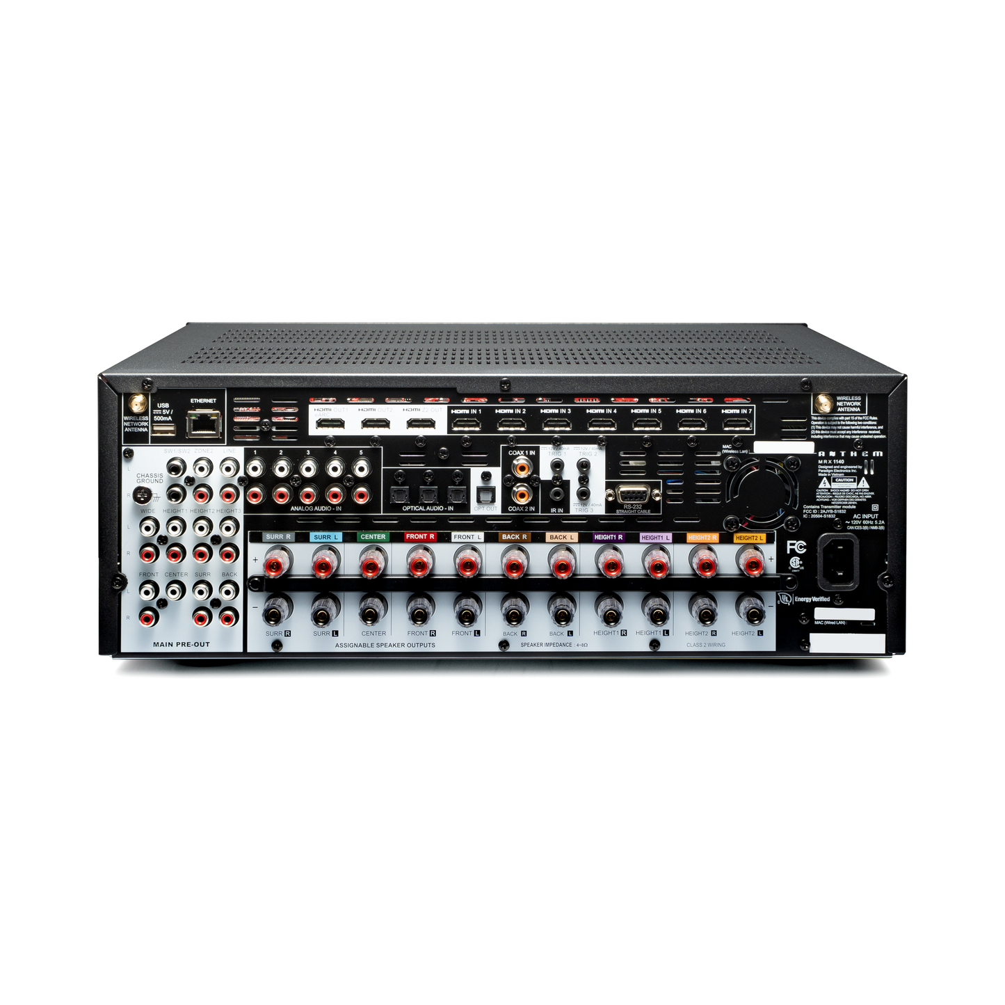 Anthem MRX 1140 8K AV-Receiver Rückansicht mit HDMI 2.1, XLR-Ausgängen und elf Verstärkerkanälen