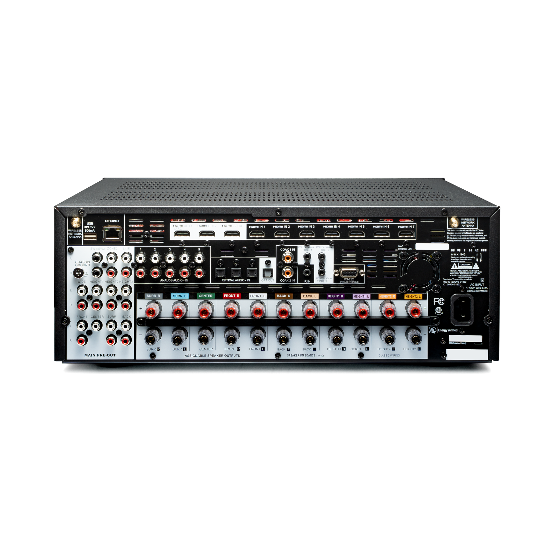 Anthem MRX 1140 8K AV-Receiver Rückansicht mit HDMI 2.1, XLR-Ausgängen und elf Verstärkerkanälen