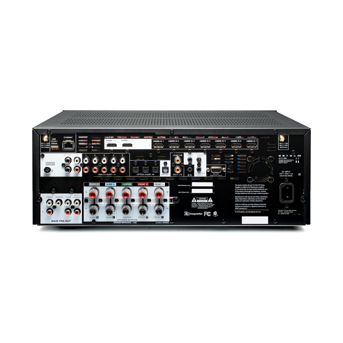 Anthem MRX 540 8K AV-Receiver Rückansicht mit HDMI 2.1, Pre-Outs und fünf Verstärkerkanälen