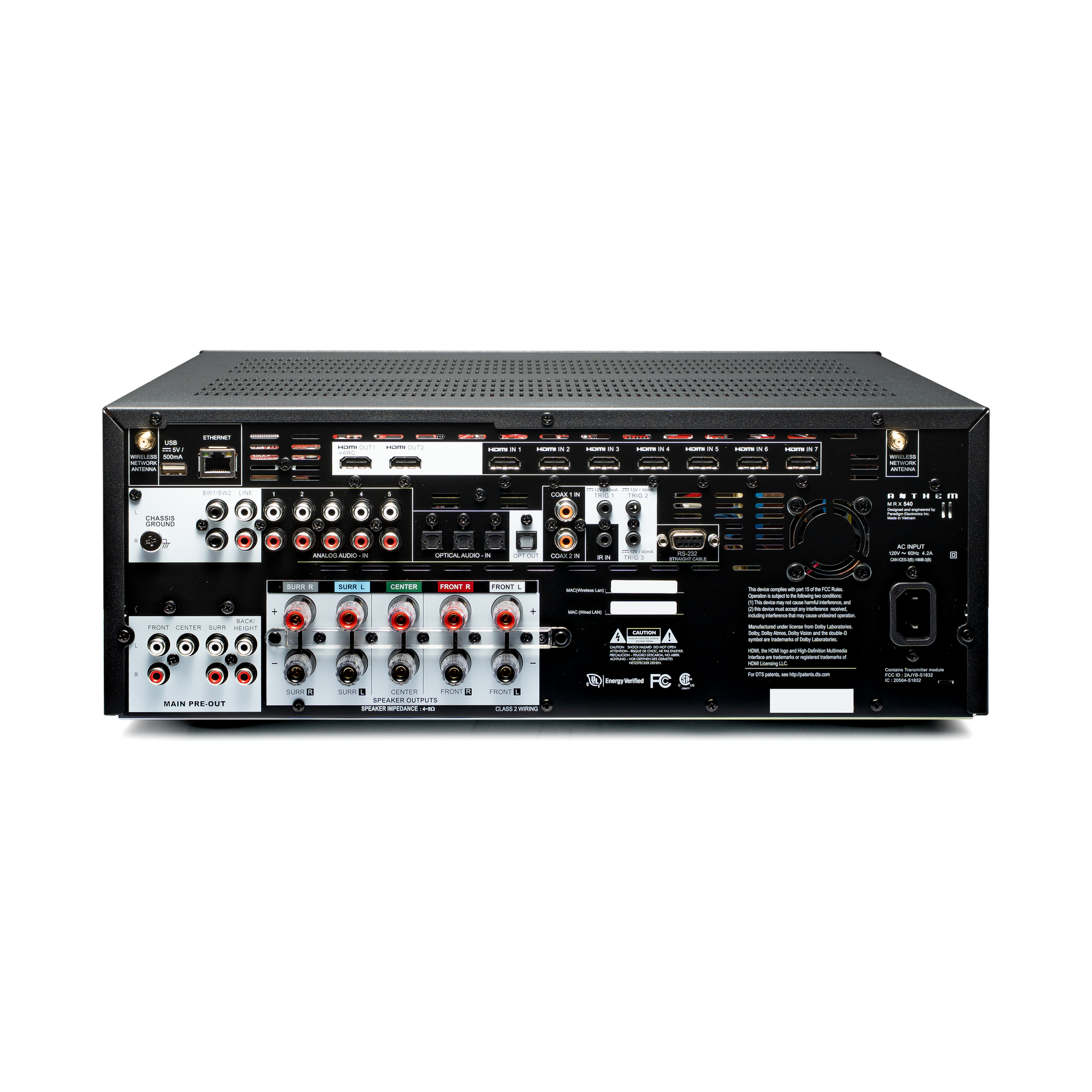 Anthem MRX 540 8K AV-Receiver Rückansicht mit HDMI 2.1, Pre-Outs und fünf Verstärkerkanälen