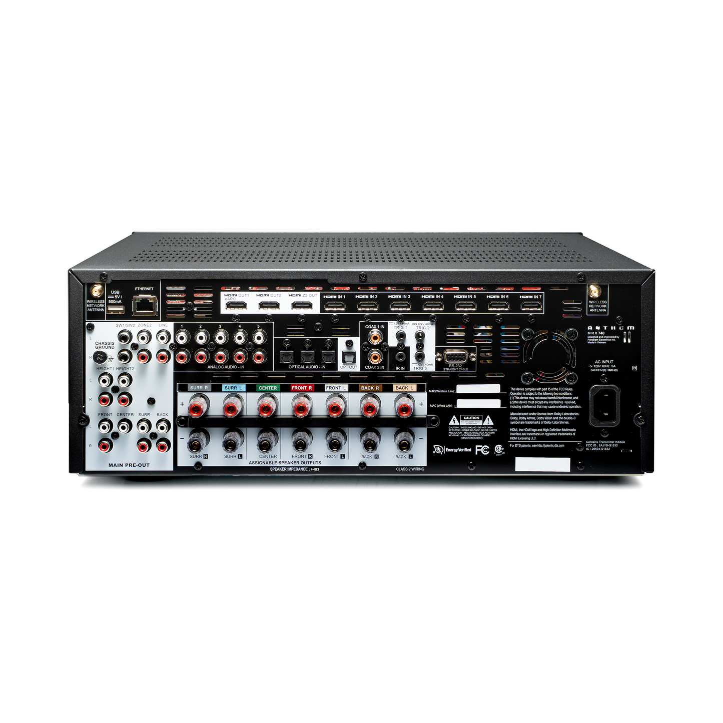 Anthem MRX 740 8K AV-Receiver Rückansicht mit HDMI 2.1, Pre-Outs und sieben Verstärkerkanälen