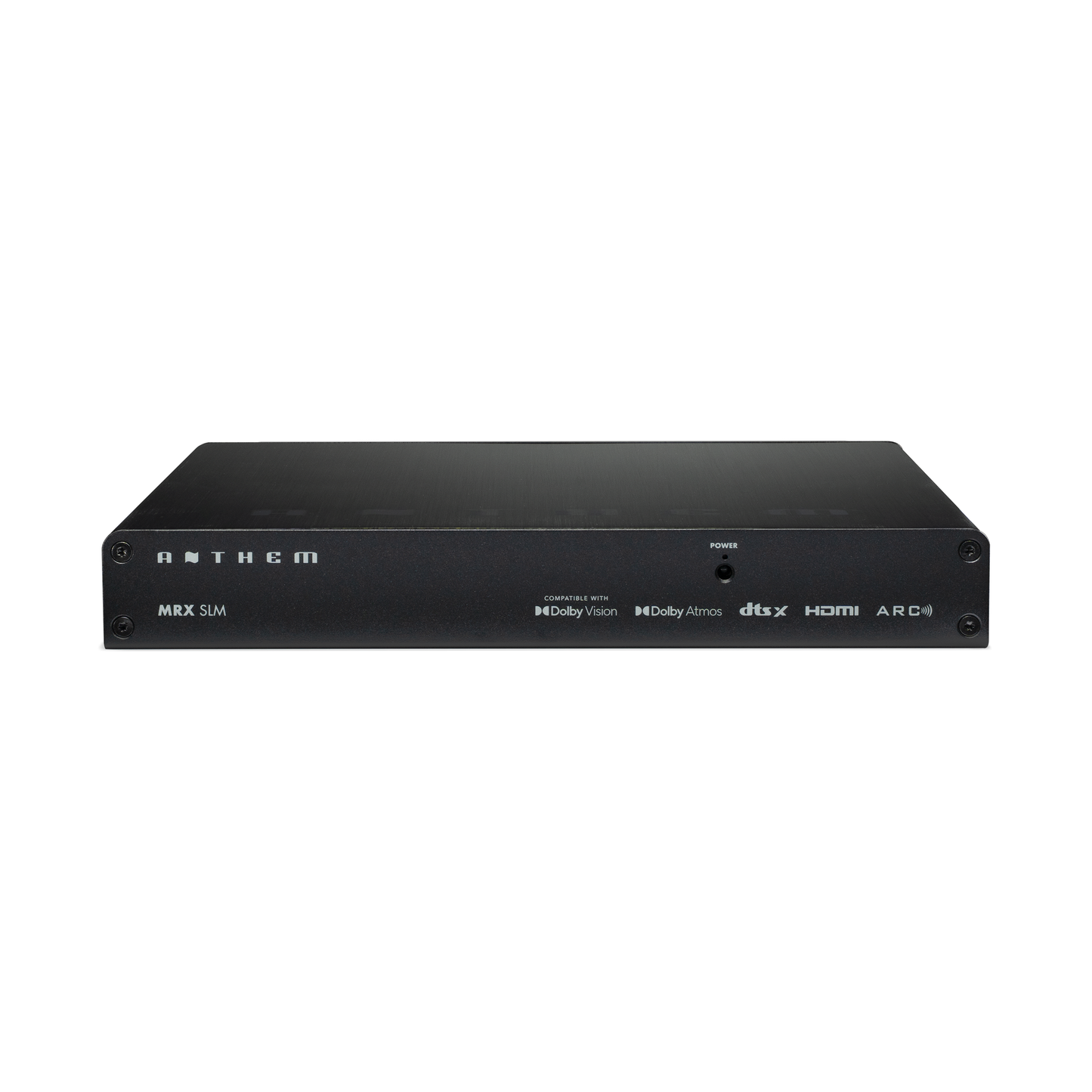 Anthem MRX-SLM AV-Receiver Frontansicht mit Power-Taste und aufgedruckten Format-Logos