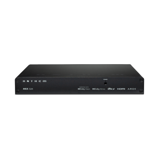 Anthem MRX-SLM AV-Receiver Frontansicht mit Power-Taste und aufgedruckten Format-Logos