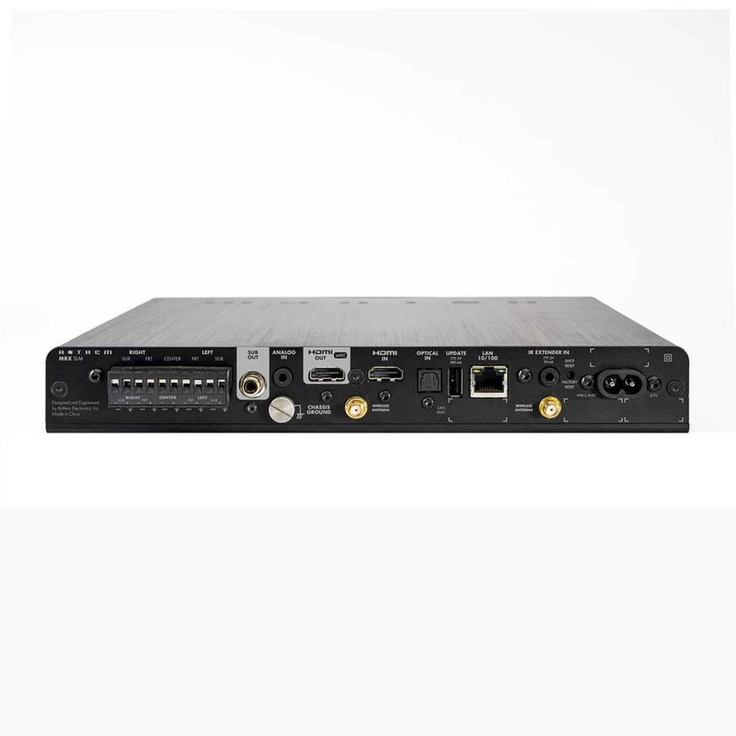 Anthem MRX-SLM AV-Receiver Rückansicht mit HDMI-Ein- und Ausgang, Lautsprecherklemmen und Netzwerkbuchse